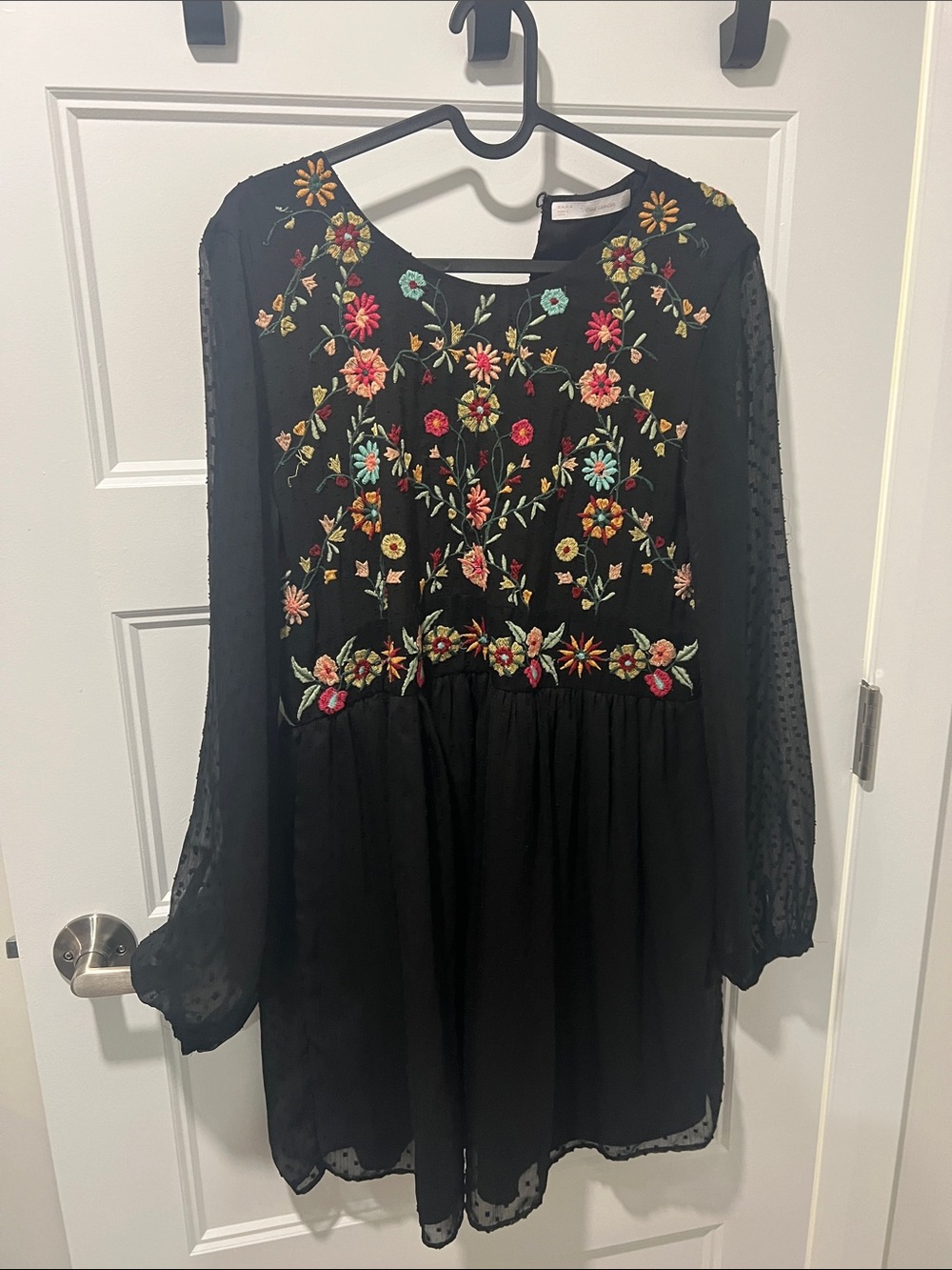 Black Long-Sleeve Floral Embroidered Dress